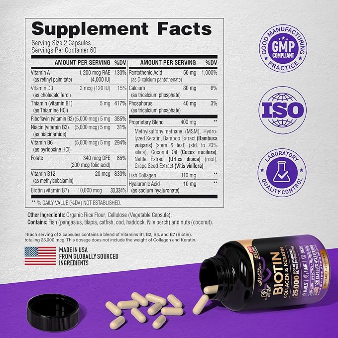 Biotin | Collagen | Keratin - Clinically Tested for Skin, Hair & Nail Support - 25,000 mcg per serving Vitamin B2, B3, B6 & B7 - Made in USA - Dietary Supplement | 120 Capsules, 2 Capsules / Serving