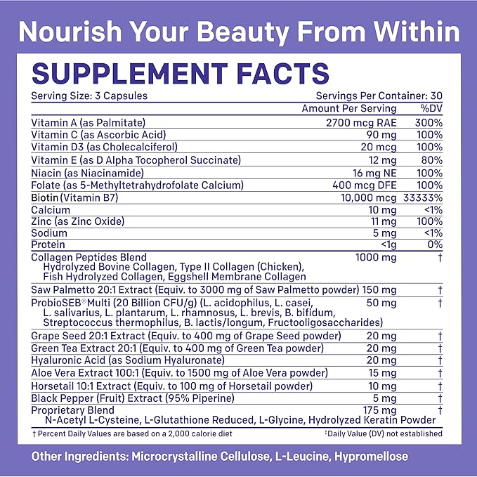 27-in-1 Hair Skin and Nails Vitamins (6810mg) w/Biotin 10000mcg - Collagen Supplements for Men and Women Hair Growth Vitamins, Keratin Supplements with Probiotics, Saw Palmetto (90 ct, Pack of 2)