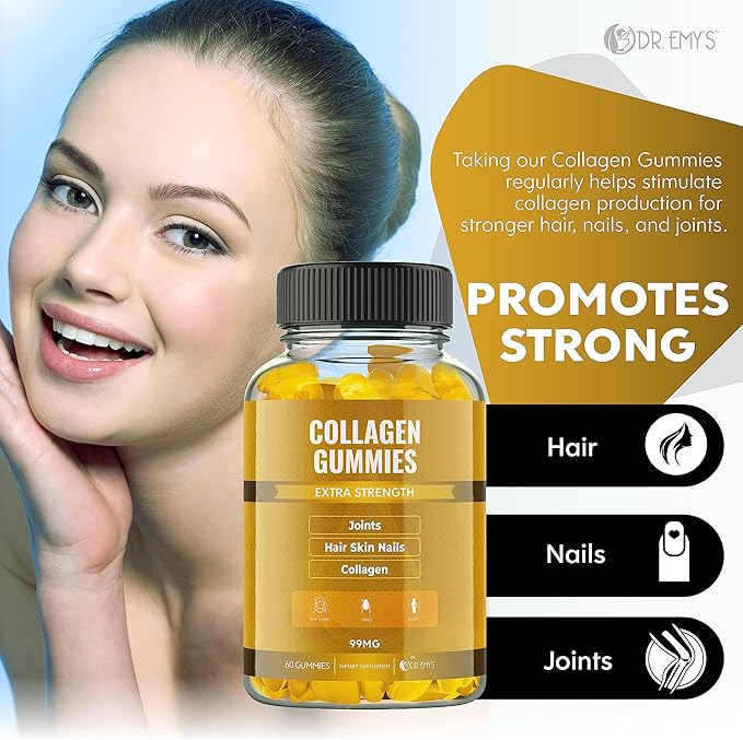 Dr. Emy's Collagen Gummies Gummy Vitamin for Women & Men, Hair, Skin, Nails, Joint Supplement Anti-Aging Collagen Gummy Supplements Strengthen Hair, Skin and Nails Gelatin-Free Non-GMO 60 ct Each(2)