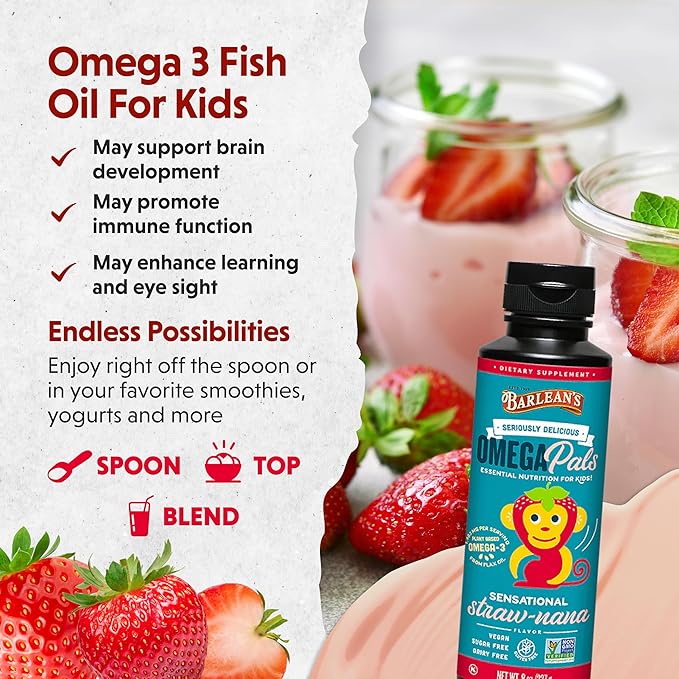 Barlean's Omega Pals Omega 3 for Kids, Yummy Straw-Nana Flavored Children's Liquid Flax Seed Oil Supplement with 1,483 mg ALA, Non-GMO, Vegan Brain & Eye Health, 8 oz
