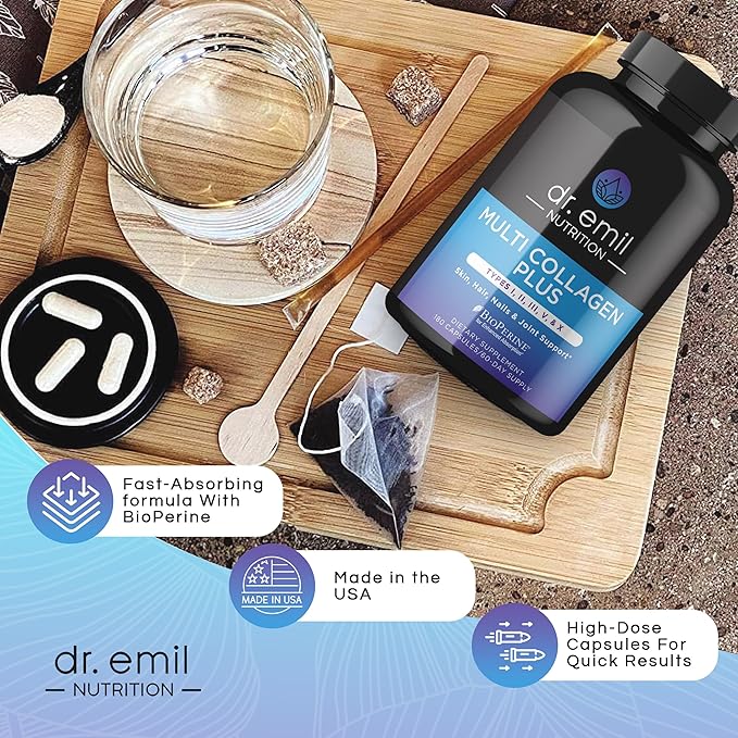 DR. EMIL NUTRITION Multi Collagen Pills - 180 Capsules - Collagen Supplements to Support Hair, Skin, Nails, & Joints - Hydrolyzed Collagen Supplements for Women with Types I, II, III, V & X