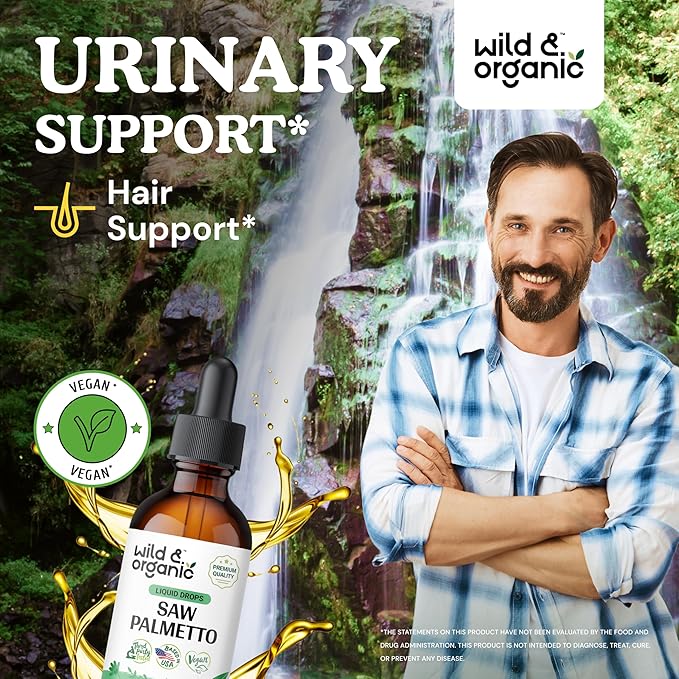 Wild & Organic Saw Palmetto Liquid Drops - Urinary Health w/Saw Palmetto for Men - Alcohol-Free Liquid Saw Palmetto for Urinary Support - Pure Saw Palmetto Supplement - Serenoa Repens - 2 oz