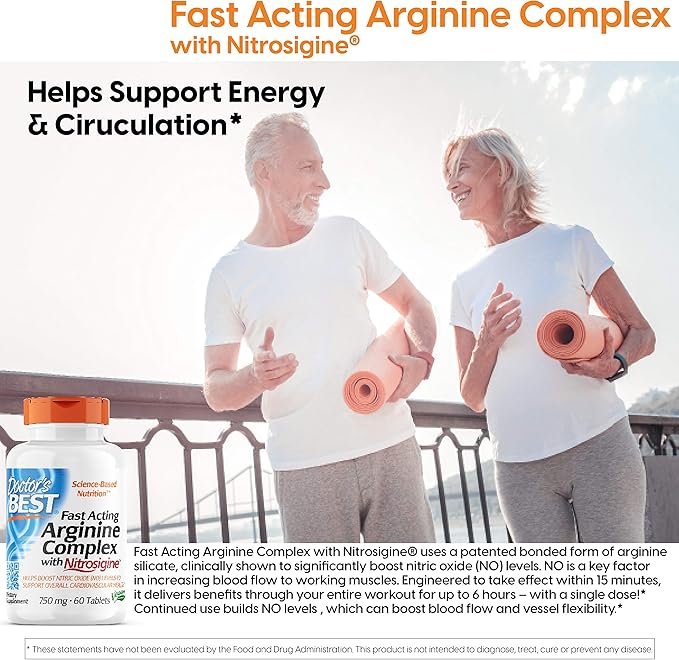 Doctor's Best Fast Acting Arginine Complex w/Nitrosigine, Boost Nitric Oxide, Blood Flow & Vessel Flexibility, Non-GMO, Vegan, Gluten Free, 750mg, White (DRB-00406), Tablet, 60 count
