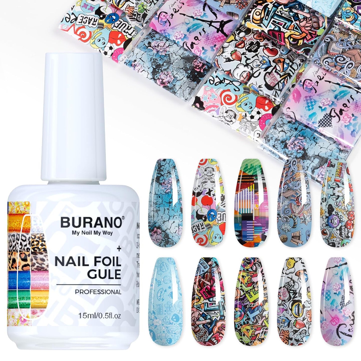 BURANO Nail Art Nail Foil Glue Gel, o.5 oz with 10PCS Foil Stickers Set Nail Foil Glue for Nails Foil Transfer Gel, Nail Design DIY UV LED Lamp Required (Design Foil 17)