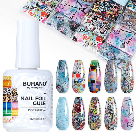 BURANO Nail Art Nail Foil Glue Gel, o.5 oz with 10PCS Foil Stickers Set Nail Foil Glue for Nails Foil Transfer Gel, Nail Design DIY UV LED Lamp Required (Design Foil 17)