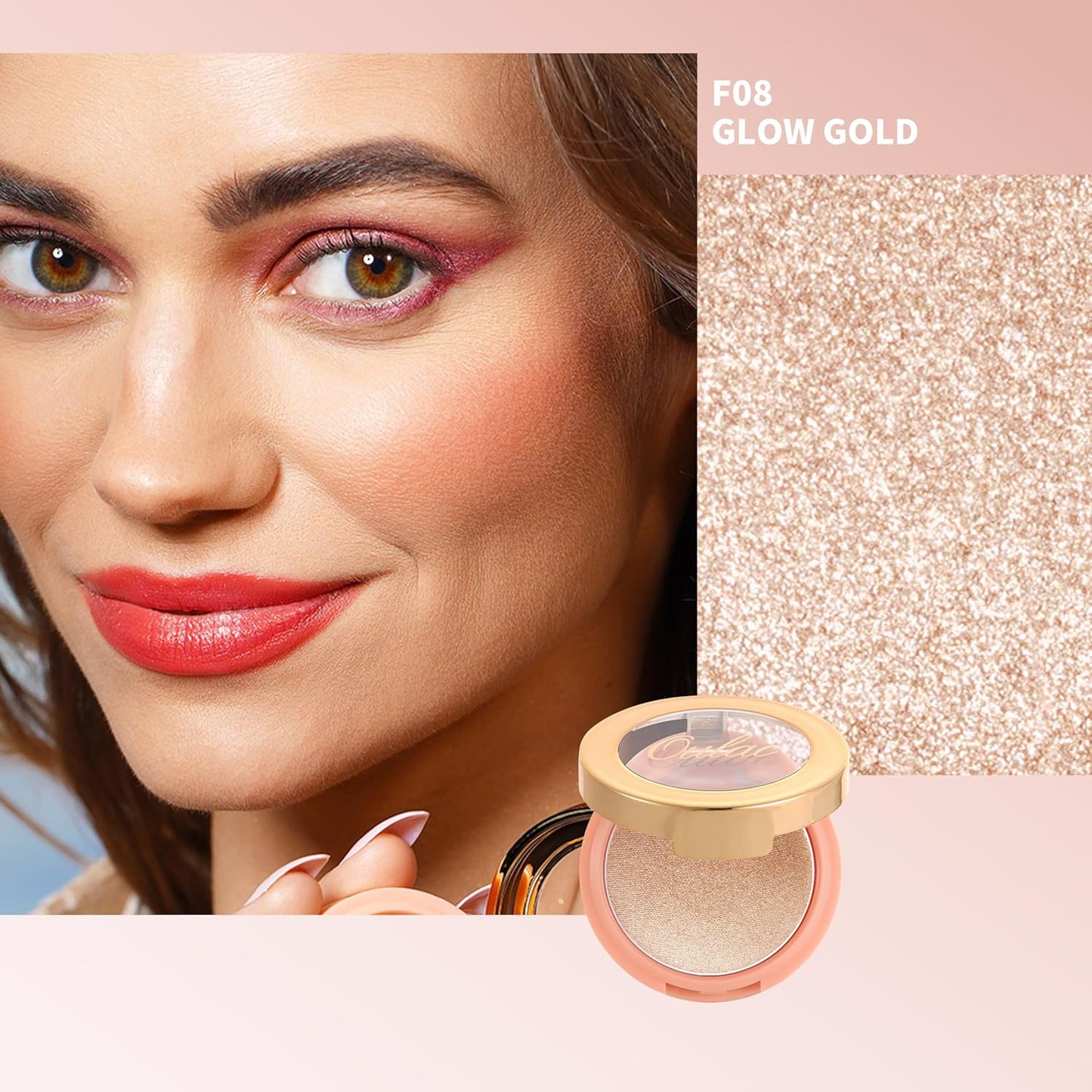 Oulac Highlighter Makeup Blush| 2 in 1 Powdery Cream Texture Blush & Highlighter| Golden Hour Makeup Bronzer Illuminating | Rich Colors &Blendable | Vegan & Cruelty-Free| F08 Glow Gold 4.8g
