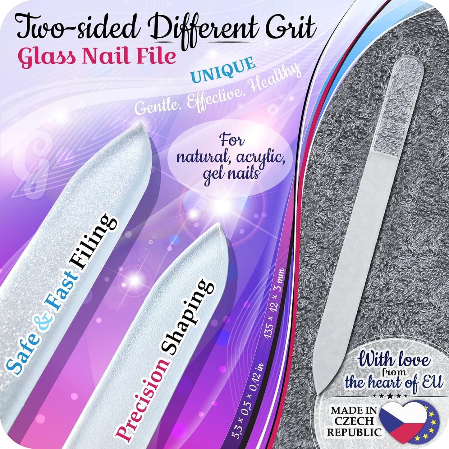 GLADZY Czech Glass Nail File Set - Multifunctional Nail Shiner Buffer, Callus Remover Foot Rasp, Glass Cuticle Pusher Manicure Stick, Etched Surface, Professional Nail Care Tool, Made in EU