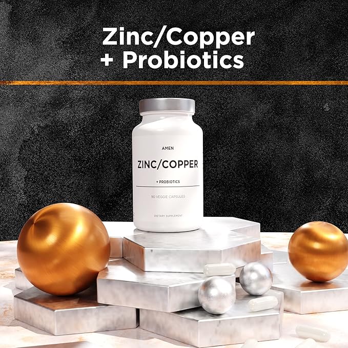 Amen Zinc & Copper Supplement + Probiotics, 3 Months Supply, One Per Day - 50 mg Zinc Picolinate Vitamin Pills - Essential Minerals Supplements – 2 Billion CFUs Probiotic – Vegan, Non-GMO, 90 Capsules