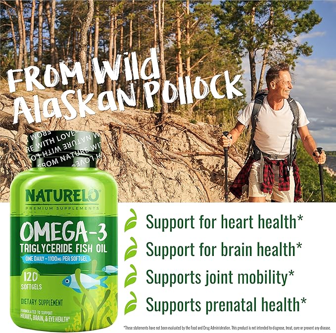 NATURELO Burpless Omega 3 Fish Oil Supplement - 1100mg Triglyceride Omega-3, EPA + DHA, Liquid Fish Oil Omega 3 for Heart, Eye, Brain, Joint Health - 120 Softgels, 4 Months Supply