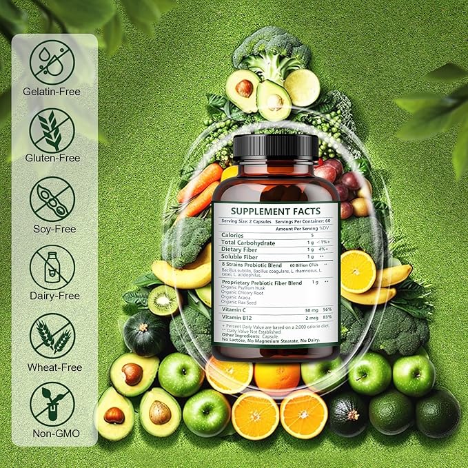 Probiotics for Women & Men Digestive Health with Prebiotic Fiber - Fiber Supplement with 60 Billion Probiotic for Regularity & Gut Cleanse - Supports Occasional Constipation - 120 Veggie Capsules