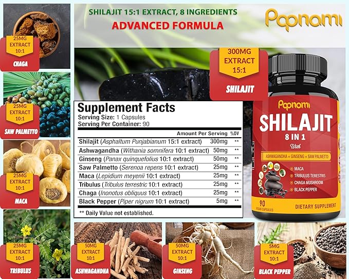 Shilajit Himalayan Capsules - 3 Month Supply - Combined Ashwagandha, Ginseng, Saw Palmetto, Maca, Tribulus, Chaga, Black Pepper