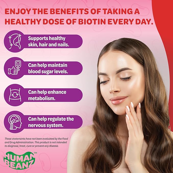 Sugar Free Biotin Jelly Bean Gummy Vitamins, 5000mcg Extra Strength Biotin for Hair, Skin, and Nails, 120 Strawberry Blast Jellybeans Vitamins for Men and Women, Kosher