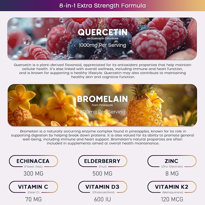 (2 Pack) Quercetin Gummies with Bromelain Zinc Elderberry Vitamin C D3 K2, Quercetin 1000mg Supplement with Bromelain 500mg for Cardiovascular, Immune System & Allergy, Vegan Gummy for Adult & Kid