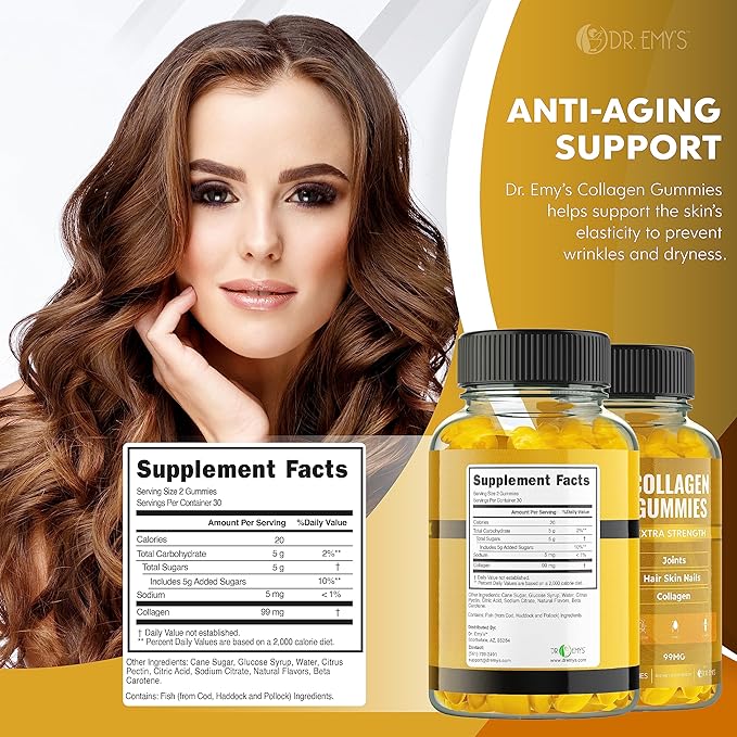 Dr. Emy's Collagen Gummies Gummy Vitamin for Women & Men, Hair, Skin, Nails, Joint Supplement Anti-Aging Collagen Gummy Supplements Strengthen Hair, Skin and Nails Gelatin-Free Non-GMO 60 ct Each(2)