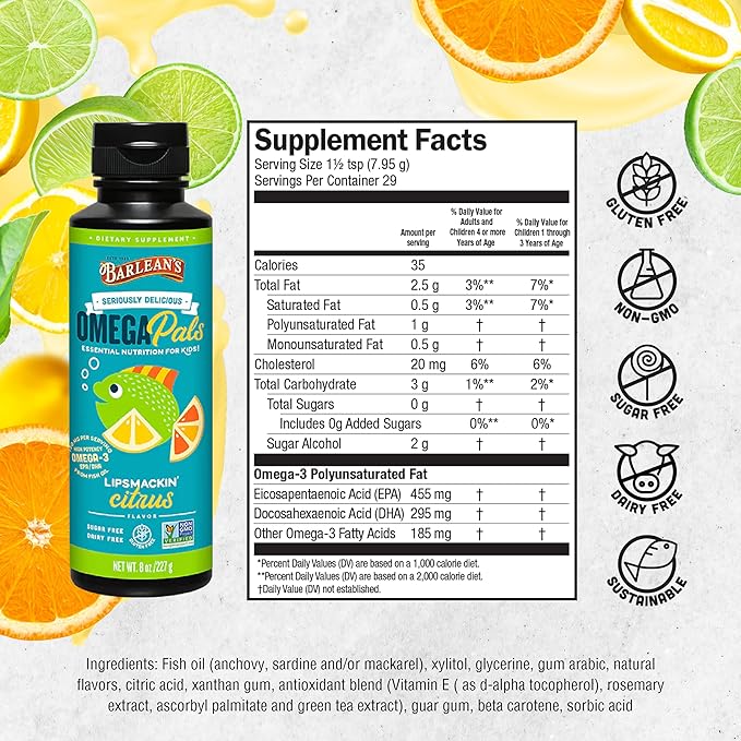 Barlean's Omega Pals Lipsmackin' Citrus Flavored Omega-3 for Kids, Yummy Children's Liquid Fish Oil Supplement with 750 mg of EPA & DHA for Brain & Eye Health, 8 oz