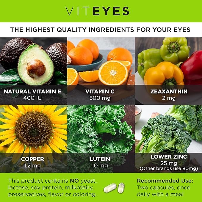 Viteyes AREDS 2 Eye Vitamins, Classic Macular Support, Allergen Free Capsules, with Natural Vitamin E, Vitamin C, Zinc, Copper, Lutein & Zeaxanthin, Eye Doctor Trusted, Manufactured in The USA, 180 Ct