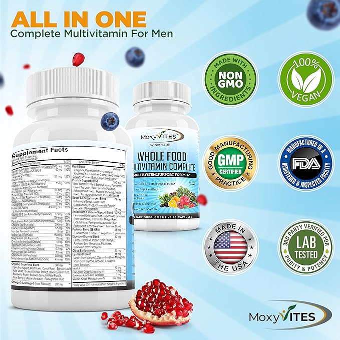 Mens Multivitamins - Daily Mens Vitamins with 44 Organic Whole Food - Multivitamin for Men with Iron & Fermented Nutrients - Vegan Daily Vitamin for Men with B-Complex, Probiotics, Omegas