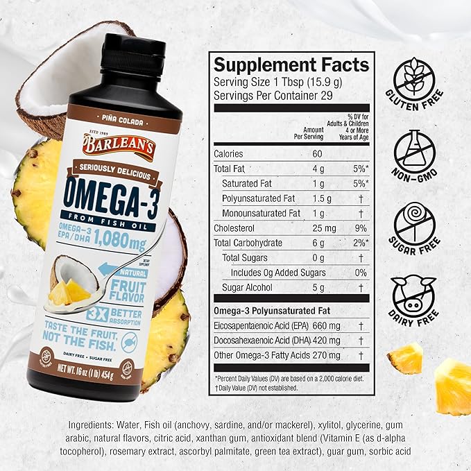 Barlean's Pina Colada Omega 3 Fish Oil Liquid Supplement 1080mg of High Potency EPA & DHA Omegas, Smoothie Flavored & Burpless Omega 3 for Kids and Adults, 16 oz