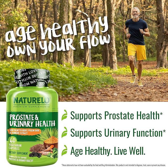 NATURELO Prostate & Urinary Health, Comprehensive Formula with Saw Palmetto, Pygeum, Tumeric, Plant Sterols, Broccoli and Lycopene, 120 Vegetarian Capsules