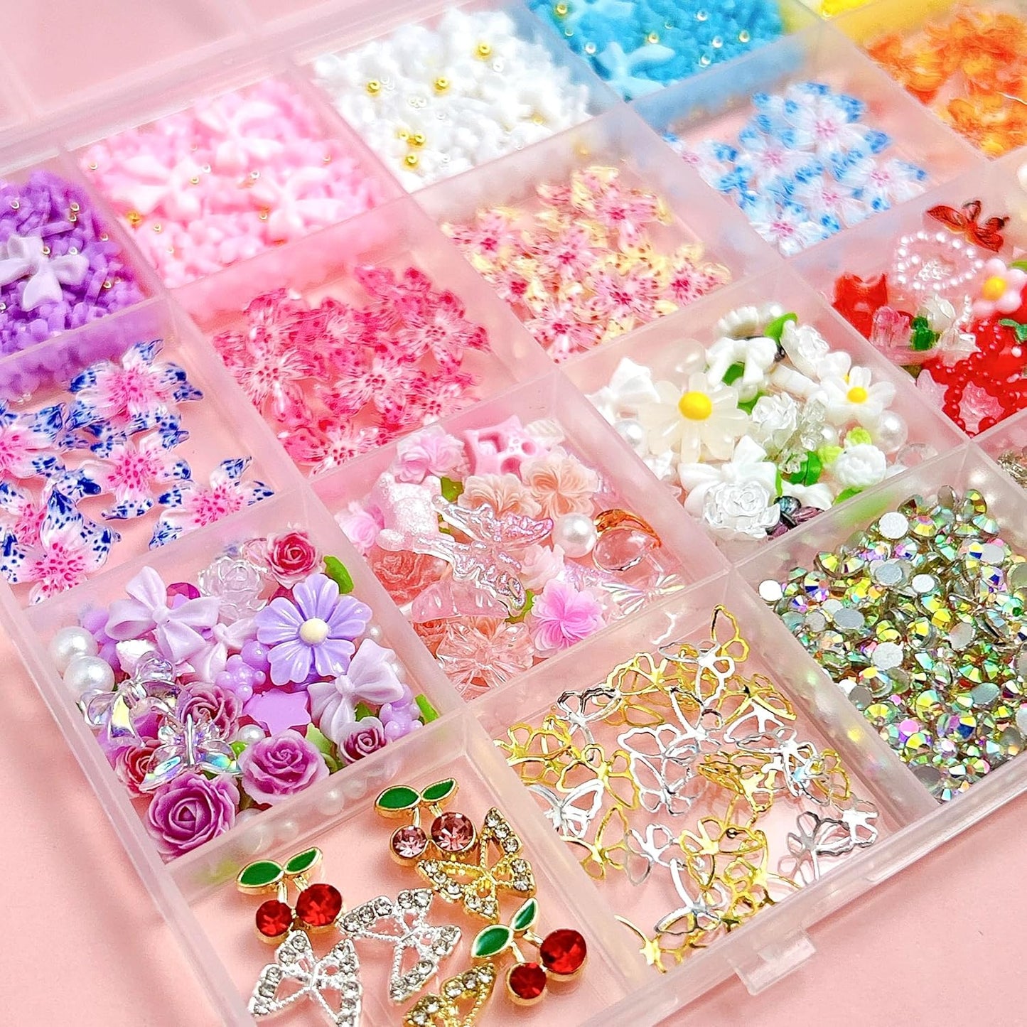 Flower Bow Nail Charms and Gems, 3D Resin Blossom Petals with Caviar Beads Charms for Nails Design，Flatback Pearl Charms Cherry Butterfly Rhinestone Nail Charms for Manicure DIY