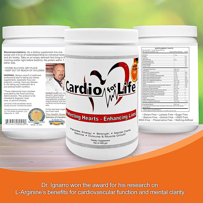 Cardio for Life L-Arginine Powder 16oz - Orange Natural Nitric Oxide Supplement Cardiovascular Increase Energy