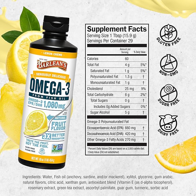 Barlean's Lemon Crème Omega 3 Fish Oil Liquid Supplement, 1080mg of Omega 3 EPA & DHA Fatty Acid, Smoothie Flavored & Burpless for Brain, Joint, & Heart Health, 16 oz