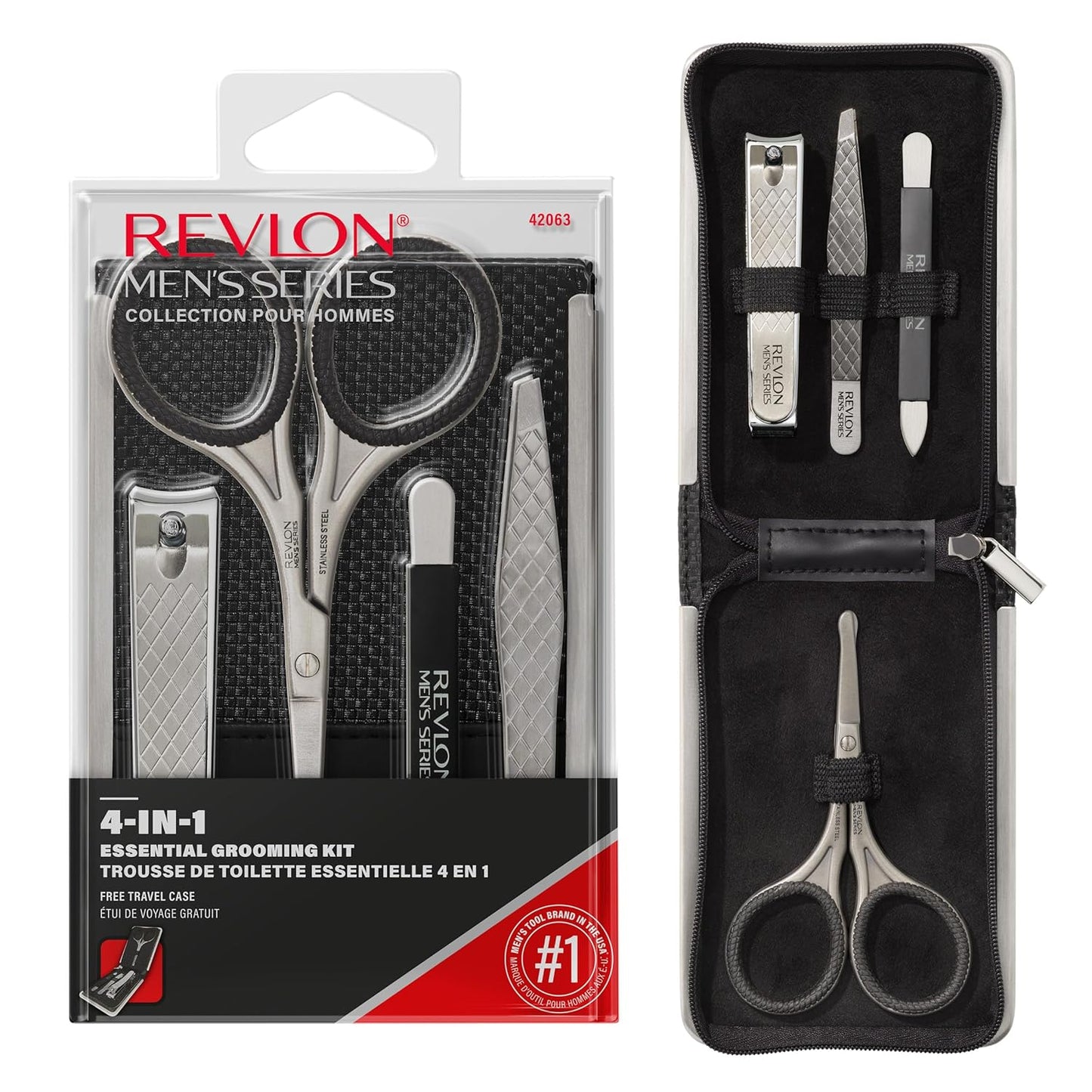 Revlon Men's Grooming Kit, 5-Piece Travel Essentials Set, Includes Nail Clippers, Scissors, File, Tweezers and Carrying Case, Stainless Steel, 1 count
