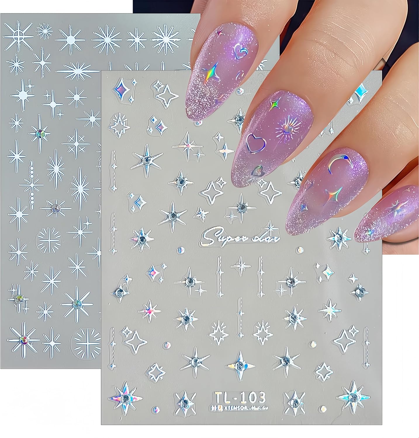 Glitter Diamond Stars Nail Art Stickers 3D Self-Adhesive Crystal Silver Decals Luxury with Rhinestones Stars Charms Design Stickers for Women DIY Manicure Decorations