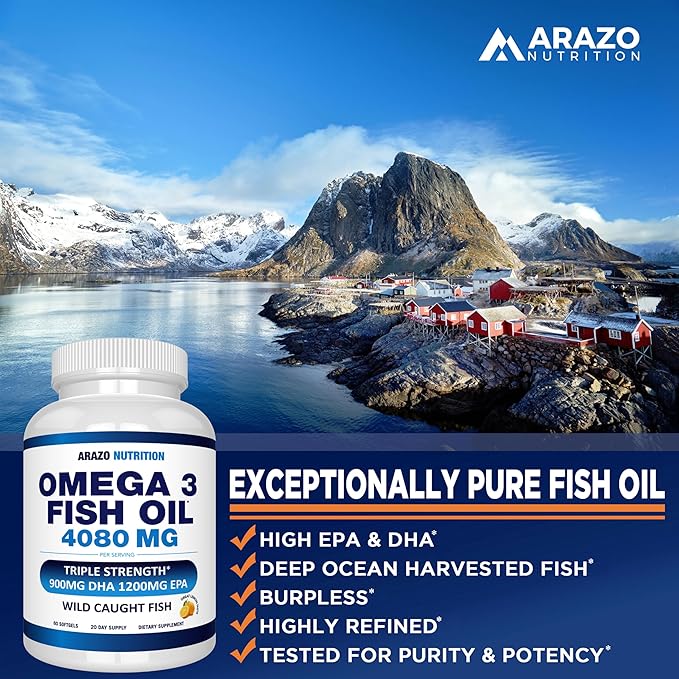 Arazo Nutrition Wild Caught Omega 3 Fish Oil – 60 Soft Gels – 4,080mg High EPA 1200mg DHA 900mg Lemon Flavor Burpless Softgels