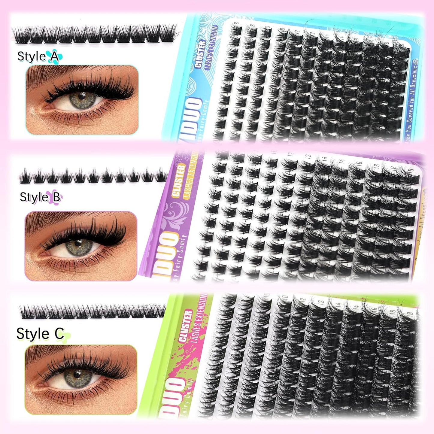 3 Styles Lash Clusters Kit Bulk Packs with 2×Bond&Seal Volume/Manga/ultra/Dramatic Eyelash Extensions 8-18mm lashes Clusters Kit Wispy D Curl Individual Fake Eyelashes Kit DIY at Home Easily