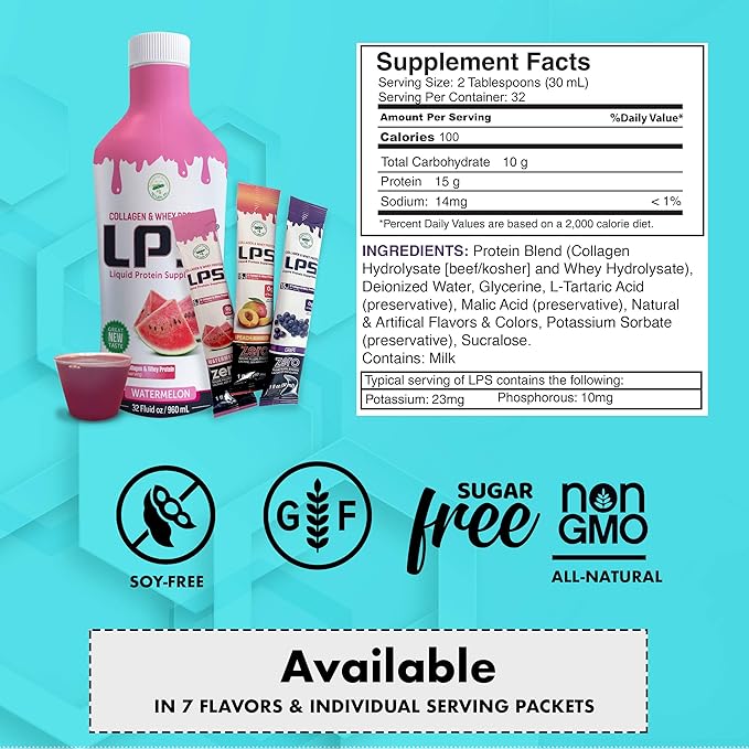 Nutritional Designs LPS Liquid Collagen & Whey Protein Supplement - Non-GMO Drink, Sugar-Free - Promotes Healthy Skin & Hair for Men & Women, Grape, Single Serve (100 Packets)