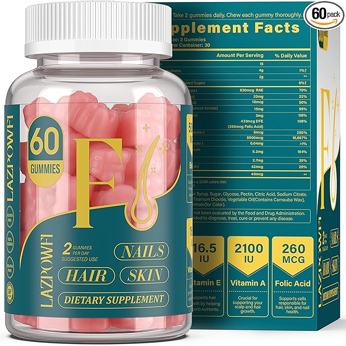 Biotin Gummies -Hair Skin and Nails Vitamins for Men & Women, Vegan Vitamin B7, Supports Hair Growth and Stronger Nails,30 Day Supply - Raspberry-60 Count