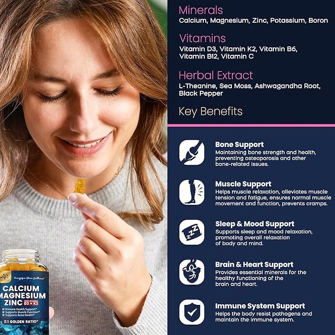 (2 Pack) Calcium Magnesium Zinc Gummies with Vitamin D3, K2, B12 & B6 for Adults, Sugar Free Magnesium Glycinate with Potassium Sea Moss Supplement, Calcium Citrate for Bone Mood & Sleep Support