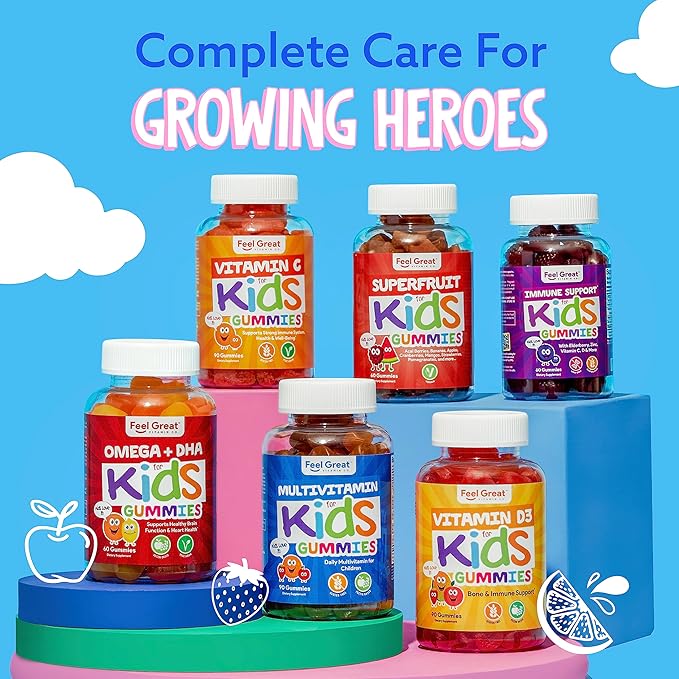 Feel Great Kids Multivitamin Gummies | Citrus & Strawberry Flavored Kids Gummies Multivitamins for Bone, Muscle & Immune Support | Chewable Vegetarian Gummy Vitamins | 45 Day Supply