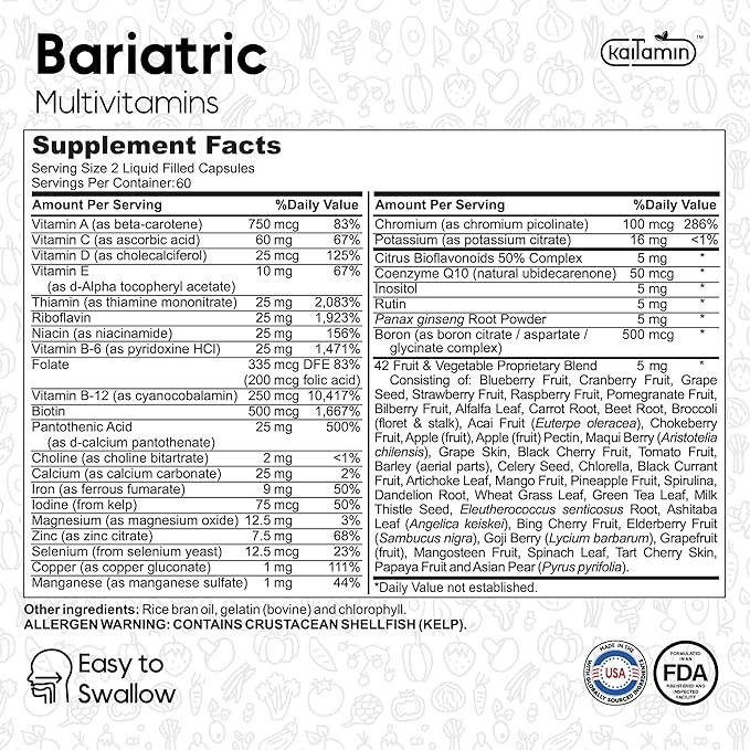 Bariatric Multivitamin with Iron for Post-Bariatric Surgery - Easy-to-Swallow Liquid Capsules with 42 Fruit & Veggie Blend - 120 Capsules, 2 Month Supply