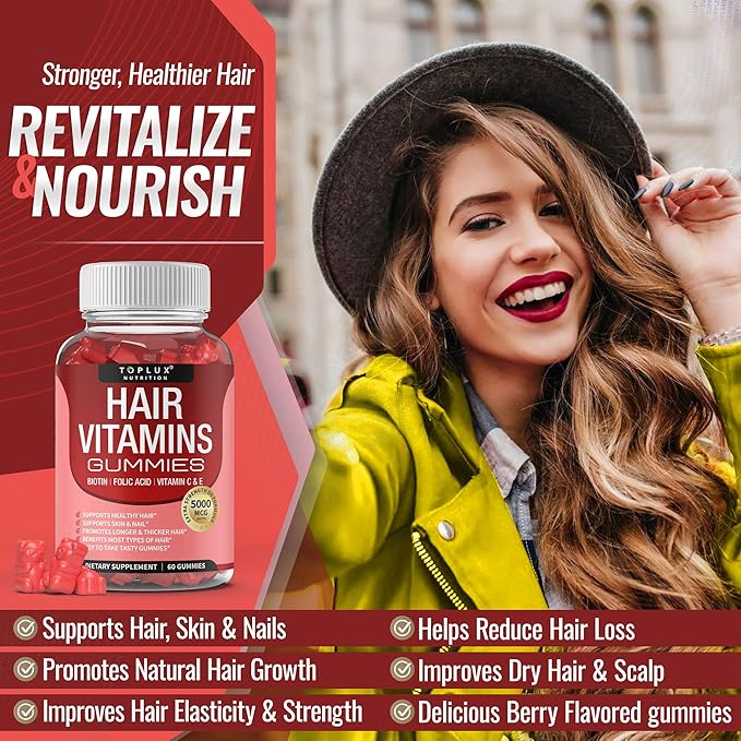 Hair Vitamins Gummies Supplement – Faster Hair Growth Gummy 5000mcg Biotin, Folic Acid, Vitamin C & E, Support Stronger & Thicker Hair, Skin, Nails, Non-GMO, for Men Women, 60 Berry Flavored Gummies