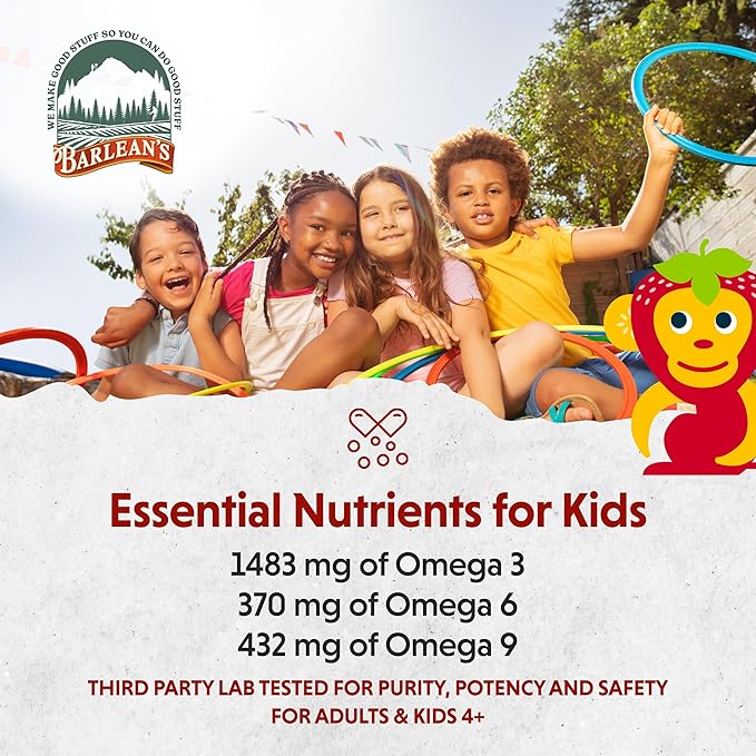 Barlean's Omega Pals Omega 3 for Kids, Yummy Straw-Nana Flavored Children's Liquid Flax Seed Oil Supplement with 1,483 mg ALA, Non-GMO, Vegan Brain & Eye Health, 8 oz