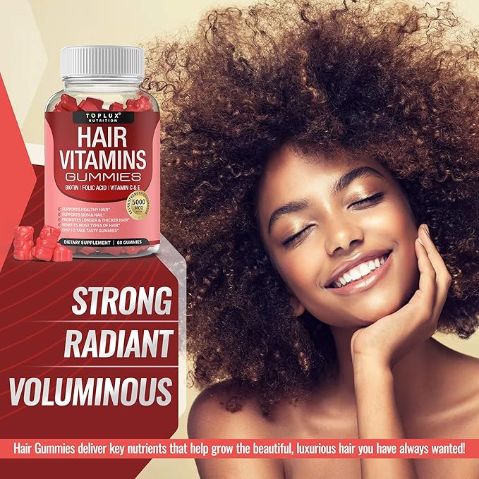 Hair Vitamins Gummies Supplement – Faster Hair Growth Gummy 5000mcg Biotin, Folic Acid, Vitamin C & E, Support Stronger & Thicker Hair, Skin, Nails, Non-GMO, for Men Women, 60 Berry Flavored Gummies