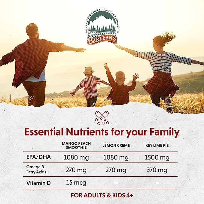 Barlean's Omega 3 Fish Oil Liquid Supplement Pack of 3, EPA and DHA Fatty Acid, Smoothie Flavored for Brain, Joint, and Heart Health, Includes Key Lime Pie, Lemon Crème and Mango Peach Flavors, 8 oz