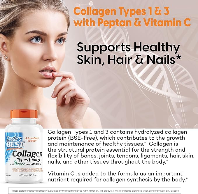 Doctor's Best Collagen Types 1 & 3 with Peptan, Non-GMO, Gluten Free, Soy Free, Supports Hair, Skin, Nails, Tendons & Bones, 1000 Mg, 540 Tablets