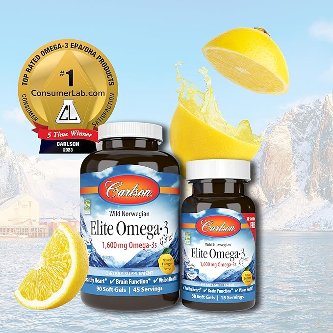 Carlson - Elite Omega-3 Gems,1600 mg Omega-3 Fatty Acids Including EPA and DHA,Norwegian, Wild-Caught fish oil Supplement,Sustainably Sourced Capsules, Lemon, 90+30 Softgels