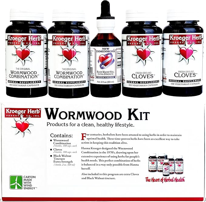 Kroeger Herb, Wormwood Herb Supplement Kit, Black Walnut, Clove, Quassia, Worm Wood Detox Cleanse - Capsules, Non-GMO, Gluten Free, No Preservatives or Fillers, Made in USA