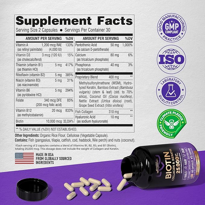 Biotin | Collagen | Keratin - Clinically Tested Supplement - Hair Growth Support - Skin & Nails Complex 25000 mcg - Hyaluronic Acid | B2 | B3 | B6 | B7 - Made in USA - For Women & Men | 60 Capsules