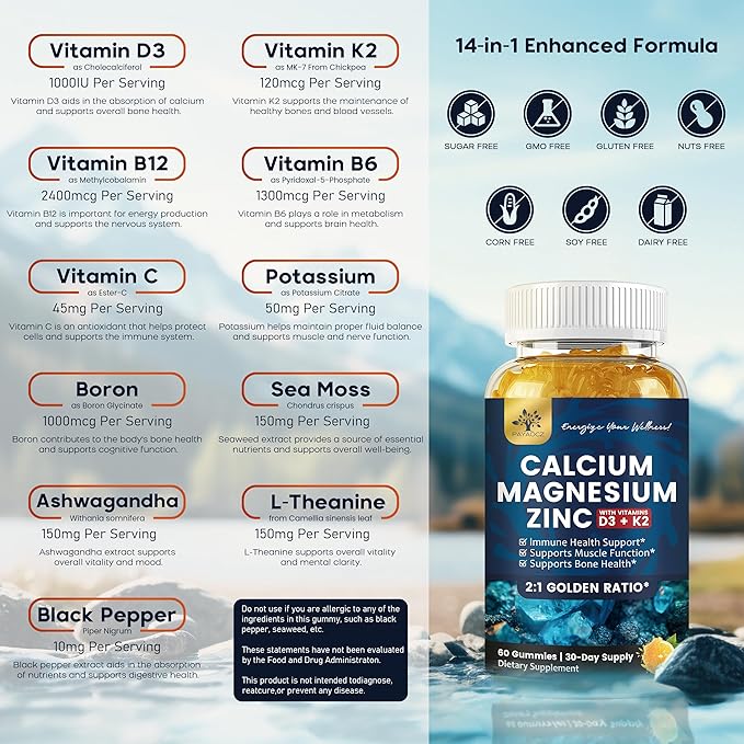 (2 Pack) Calcium Magnesium Zinc Gummies with Vitamin D3, K2, B12 & B6 for Adults, Sugar Free Magnesium Glycinate with Potassium Sea Moss Supplement, Calcium Citrate for Bone Mood & Sleep Support