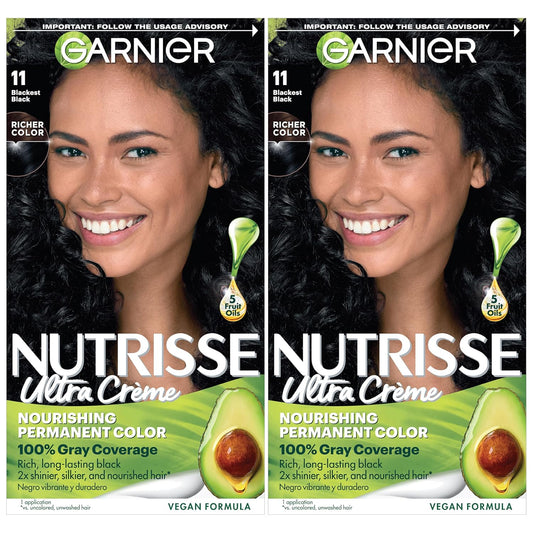 Garnier Hair Color Nutrisse Nourishing Creme, 11 Blackest Black (Peppercorn) Permanent Hair Dye, 2 Count (Packaging May Vary)