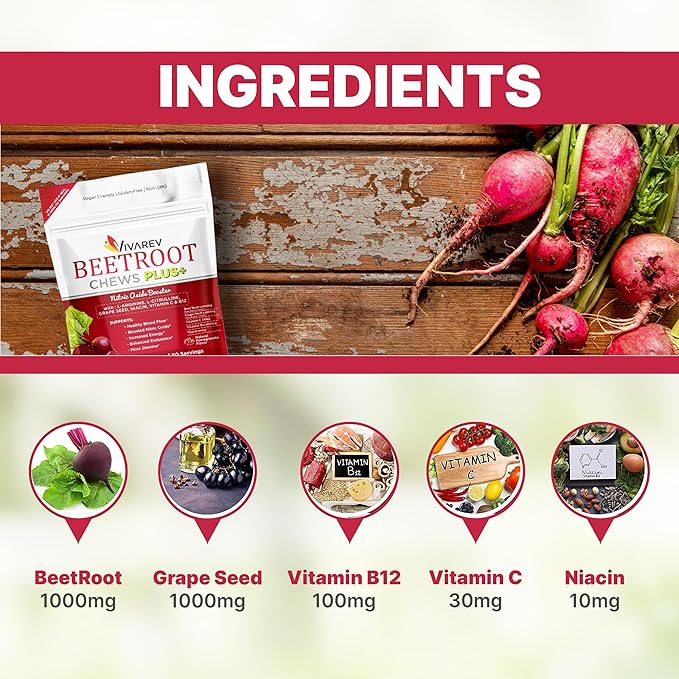 Beetroot Nitric Oxide Supplement - 1000mg Beet Powder with L Arginine, L Citrulline, Grape Seed Extract, Niacin, Vitamin C & B12 - Beet Chews - Pack of 60