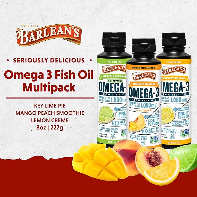 Barlean's Omega 3 Fish Oil Liquid Supplement Pack of 3, EPA and DHA Fatty Acid, Smoothie Flavored for Brain, Joint, and Heart Health, Includes Key Lime Pie, Lemon Crème and Mango Peach Flavors, 8 oz