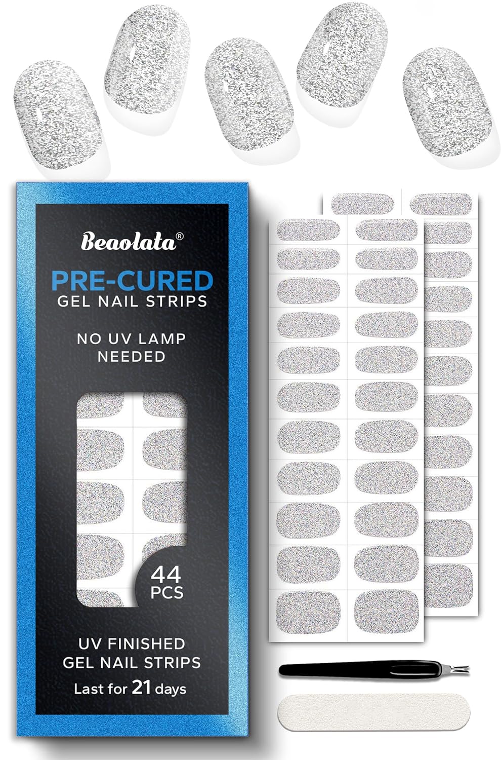 Pre Cured Gel Nail Strips - 44PCS Salon Quality Gel Nail Stickers - Long Lasting Polish Wraps for Women no UV Light Needed Easy Apply& Remove (Ethereal Silver)