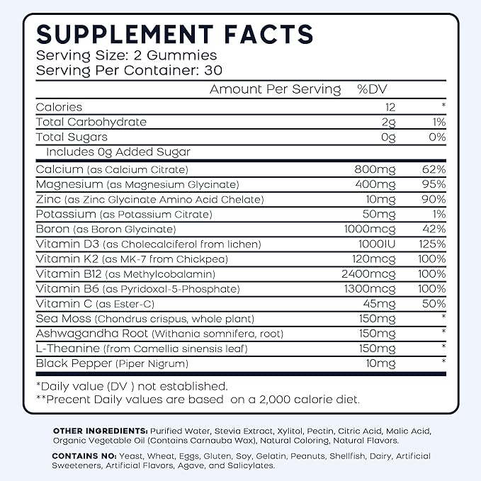 (2 Pack) Calcium Magnesium Zinc Gummies with Vitamin D3, K2, B12 & B6 for Adults, Sugar Free Magnesium Glycinate with Potassium Sea Moss Supplement, Calcium Citrate for Bone Mood & Sleep Support