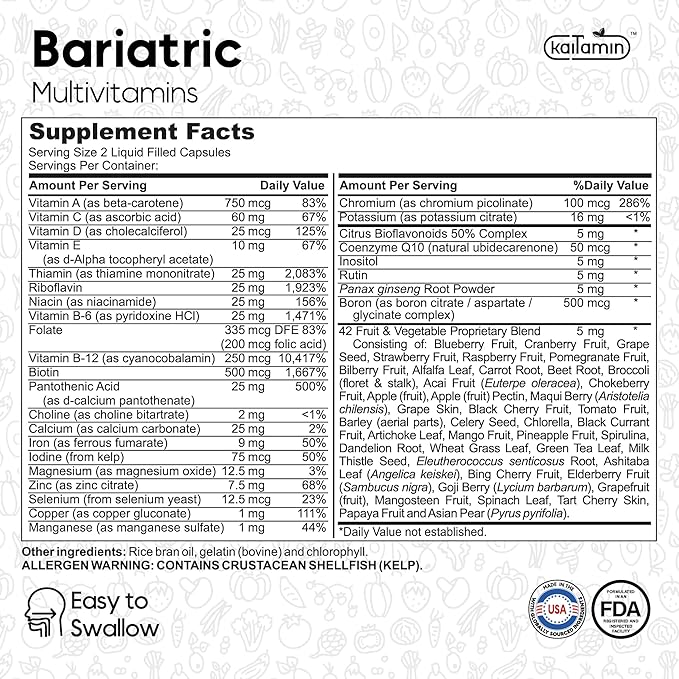 Bariatric Multivitamin with Iron - Easy-to-Swallow Capsule for Post Bariatric Surgery - Post Sleeve and Post Bypass with 42 Fruit & Veggies Blend - 60 Liquid Capsules - 1 Months’ Supply